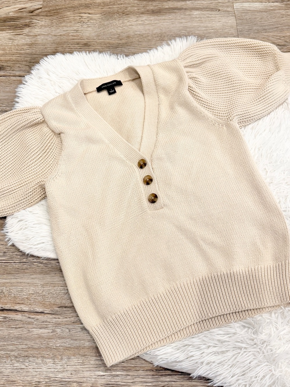 Ann Taylor Cream Puff Sleeve Knit Sweater Coastal Neutral Polished Preppy Small